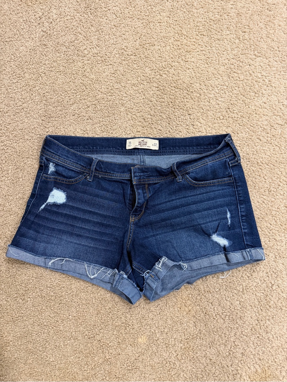 Hollister Dark Blue Distressed Rolled-Hem Jean Shorts